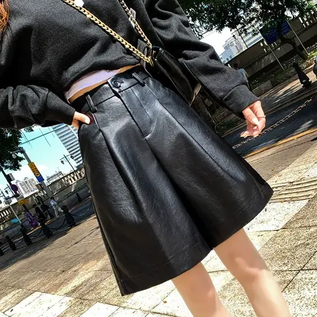 黑色皮短裤女2022秋冬高腰a字显瘦宽松阔腿外穿百搭休闲五分中裤图片