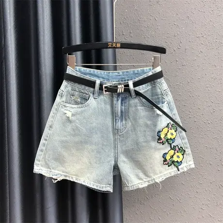 欧洲站洋气绣花亮片设计牛仔短裤女夏休闲百搭宽松高腰a字阔腿裤图片