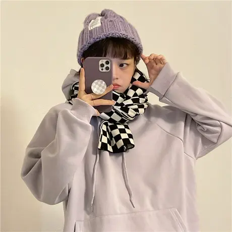 红续紫色加绒加厚连帽卫衣女字母简约百搭长袖oversize小个子外套图片