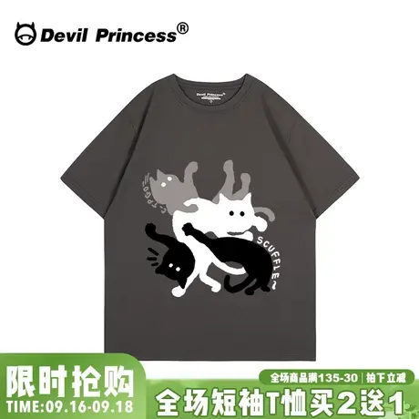 小众ins风卡通潮牌深灰色短袖t恤女夏季新款宽松复古超火半袖上衣商品大图