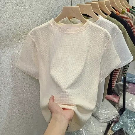 ins超火华夫格短袖T恤女夏季宽松显瘦百搭半截袖打底衫潮牌上衣服图片