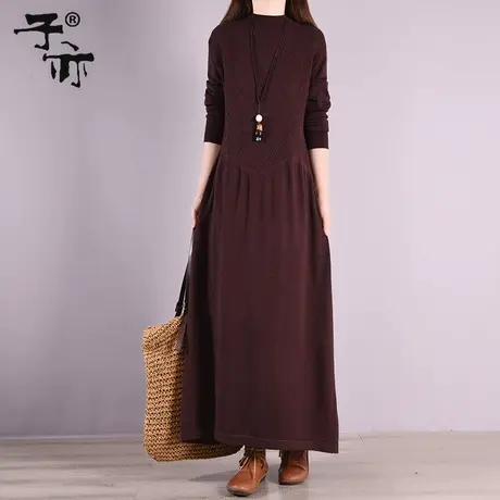 冬季新款圆领褶皱螺纹宽松长款妈妈羊毛衫针织打底毛衣连衣裙商品大图