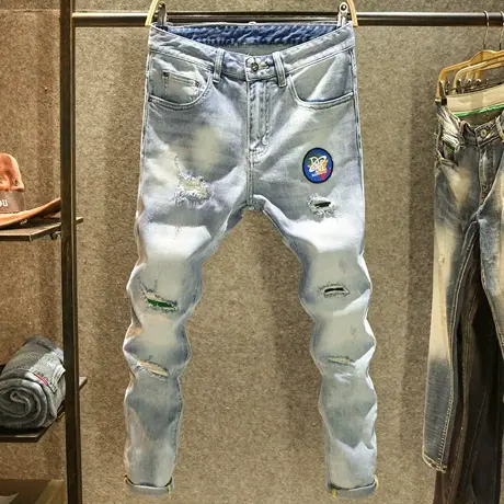 2023新款浅色牛仔裤男款修身小脚裤潮牌破洞贴布高街痞帅休闲长裤商品大图