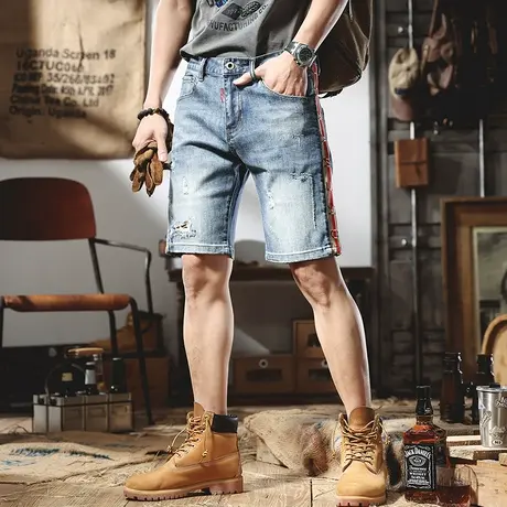 欧货高端水洗破洞宽松直筒牛仔短裤男潮流百搭拼接男士五分裤中裤商品大图