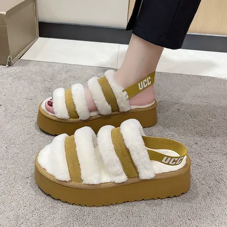 网红爆款高级感厚底毛毛拖鞋女外穿ins潮2023新款春秋增高毛茸茸商品大图