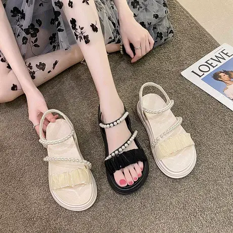 串珠凉鞋女软底夏季新款厚底仙女风珍珠沙滩鞋松紧带时装罗马鞋潮商品大图