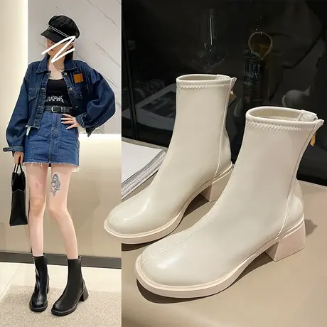 法式中跟高跟短靴女秋冬季加绒超火白色瘦瘦靴粗跟春秋单靴及裸靴图片