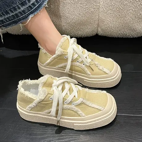 复古方头小白鞋板鞋女2023春季新款ins潮增高厚底百搭休闲帆布鞋图片