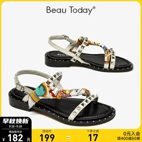 BeauToday罗马凉鞋女2023新款BT时尚一字带平底铆钉时尚真皮凉鞋商品大图