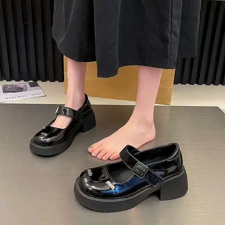 乐福鞋女2024春秋季款复古英伦风高跟单鞋法式粗跟浅口气质小皮鞋商品大图