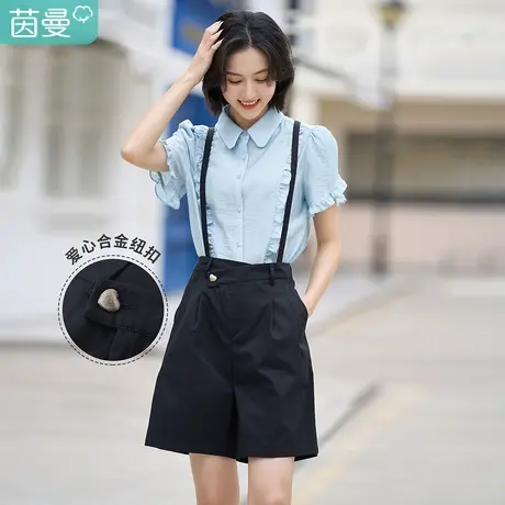 茵曼阔腿背带短裤女士2023夏季新款宽松显瘦学院风新疆棉时尚裤子商品大图