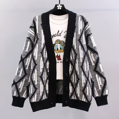 复古撞色菱形格毛衣外套女秋冬2023新款宽松慵懒风设计感针织开衫商品大图