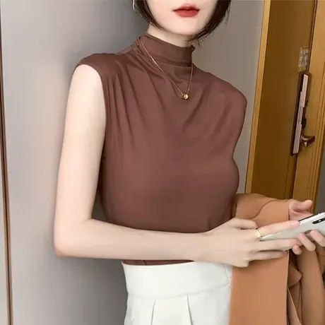 半高领无袖背心女2023外穿早春新款修身坎肩开衫内搭莫代尔t恤商品大图