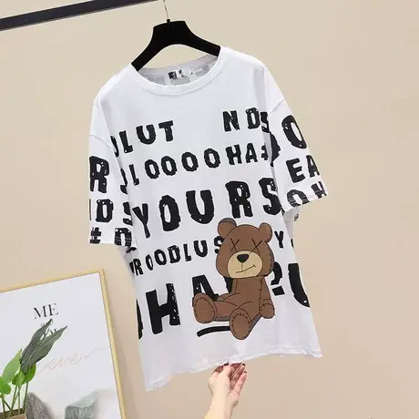 新款小熊字母印花韩版宽松短袖t恤女网红上衣小众设计感中长款潮商品大图