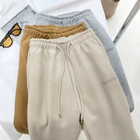 加绒松紧腰运动裤女秋冬新款抽绳款灰色束脚裤百搭宽松休闲卫裤子图片