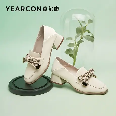 意尔康女鞋2023秋季新款粗跟中跟小皮鞋女乐福鞋蝴蝶结单鞋英伦风商品大图
