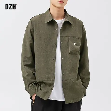 男士绿色痞帅衬衫男长袖休闲衬衣英伦雅痞男装2023新款薄外套秋季商品大图