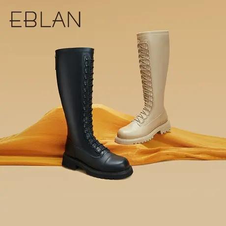 伊伴2022冬季女靴高筒长靴加绒保暖系带拉链骑士瘦瘦靴B22526803图片