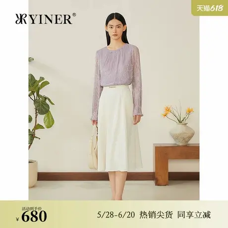 YINER音儿专选2025春季新款法式透视袖拼接亮丝打底衫女上衣商品大图