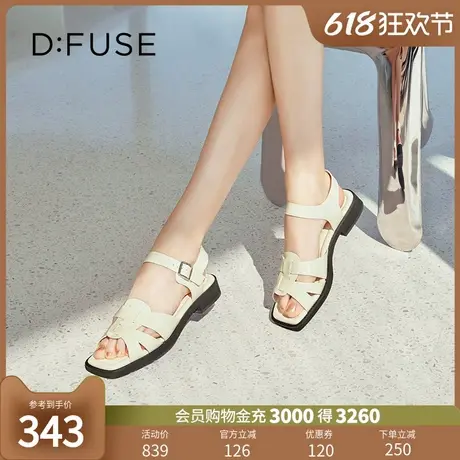 DFuse夏季新款牛皮方头平底罗马沙滩凉鞋可外穿图片