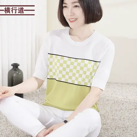 针织短袖女夏季2023新款圆领格子拼色宽松上衣外穿大码显瘦夏装女商品大图