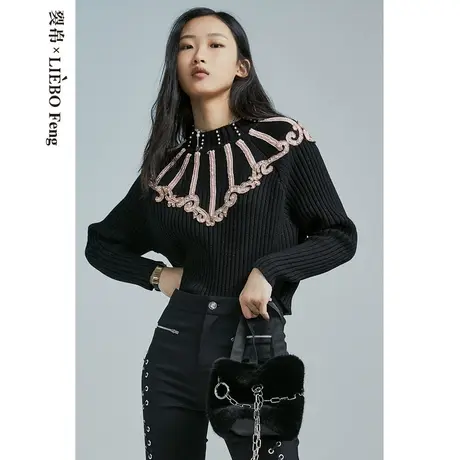 裂帛LIEBOFeng原创设计chic刺绣小高领宽松复古气质黑色套头毛衣图片