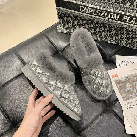 雪地靴女2022年新款时尚亮片毛毛边低帮一脚蹬冬加绒加厚保暖棉鞋商品大图