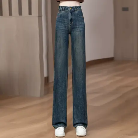 拉夏贝尔窄版阔腿九分牛仔裤子女春秋季2025新款高腰显瘦直筒裤商品大图
