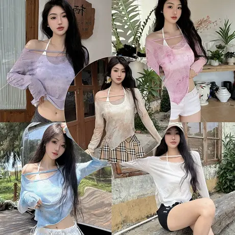 辣妹扎染露肩2025长袖T恤女夏季不规则修身性感防晒罩衫网纱上衣商品大图