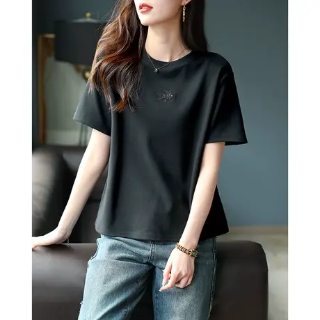 宝诗黎圆领刺绣钉珠短袖女新款休闲百搭短上衣打底夏季黑色T恤衫商品大图