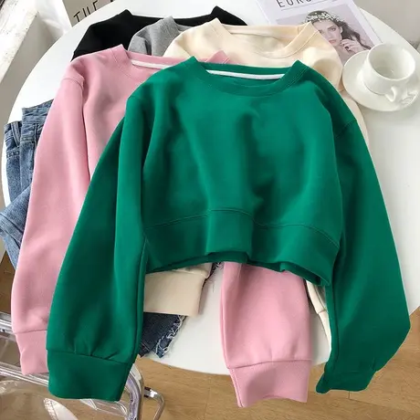 2023新款纯色无帽圆领卫衣女秋季韩版宽松显瘦短款小个子上衣外套商品大图