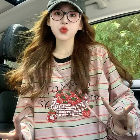 卡通印花条纹长袖t恤女2025新款秋季美式复古设计感宽松显瘦上衣商品大图