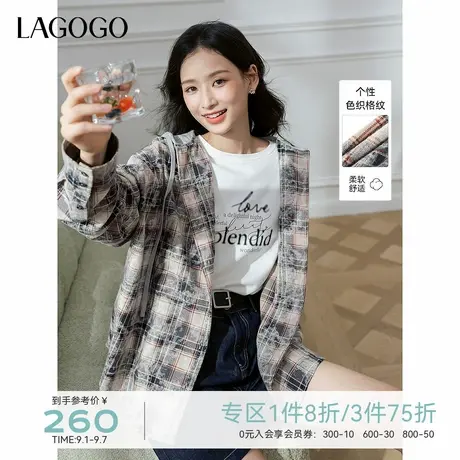 LAGOGO复古朦胧格子衬衫女拉谷谷2025年秋季新款连帽宽松长袖外套图片