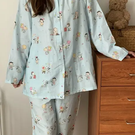 上新!蛋糕小狗全棉双层纱圆领睡衣卡通印花家居服套装长袖长裤商品大图