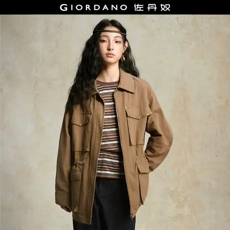 设计师款佐丹奴工装夹克女装纯棉铆钉翻领中长款风衣外套18375911商品大图