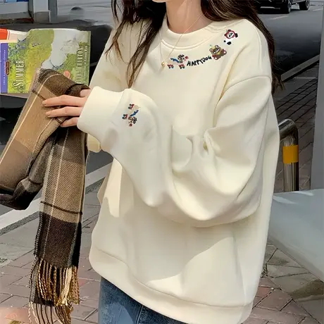 2025秋冬季新款加绒加厚杏色卫衣女宽松百搭爆款卡通印花上衣外套商品大图