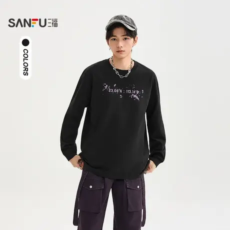 三福2025冬季男士星盘印花重磅长T恤 圆领落肩上衣510071商品大图