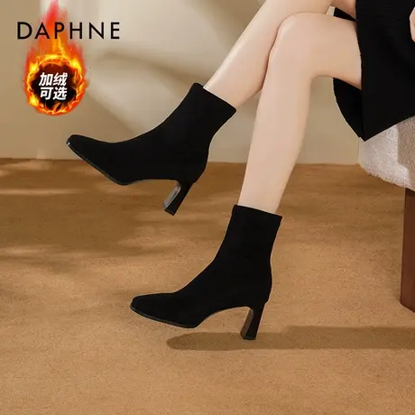 达芙妮尖头高跟短靴子女2025新款爆款冬季黑色绒面弹力靴瘦瘦靴女图片