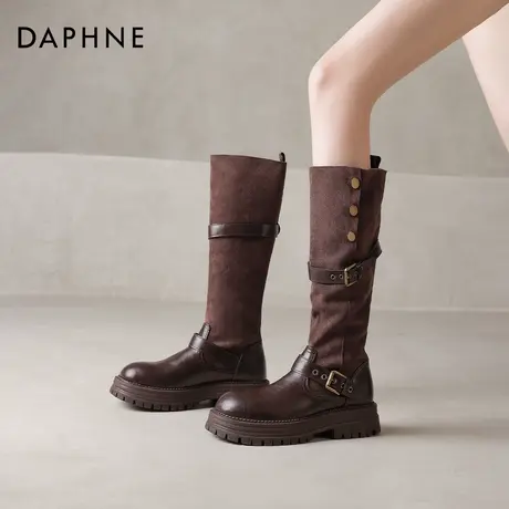 达芙妮棕色堆堆长筒靴女2026新款秋冬季美拉德加绒骑士高筒长靴子图片