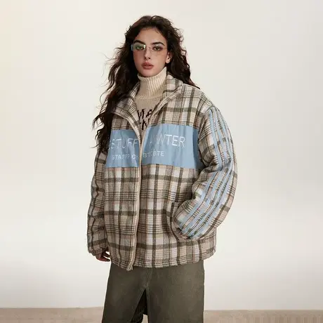 潮牌复古拼接格子棉服女加厚冬季外套2023新款美式宽松小个子棉衣商品大图