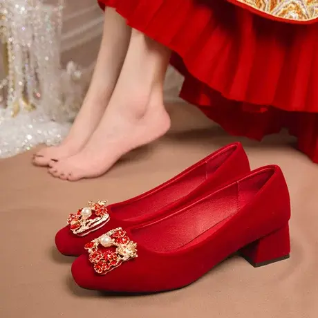 粗跟婚鞋女春季2023年新款中式红色新娘鞋子不累脚孕妇可穿高跟鞋图片