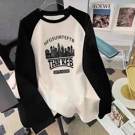 2023春秋季新款ins潮重磅纯棉宽松长袖t恤上衣女装插肩袖女生线上图片