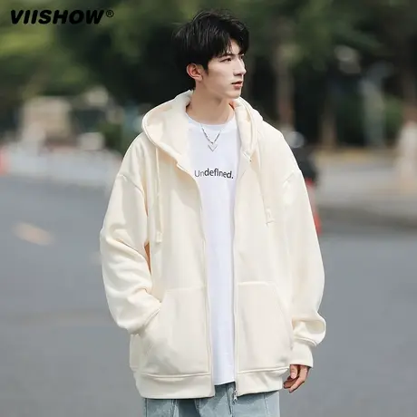 VIISHOW开衫连帽卫衣男春秋季新款美式潮牌宽松重磅外套休闲上衣商品大图
