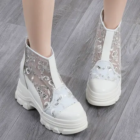 内增高马丁靴透气薄款夏季镂空网靴女蕾丝小白鞋厚底运动高帮凉靴商品大图