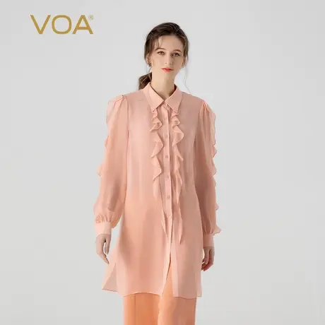 VOA桑蚕丝乔其藕粉色POLO领衬衫袖单排多扣荷叶边中长款真丝衬衫图片