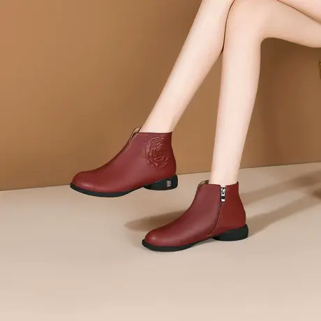 真皮短靴女2023年新款冬季女鞋粗跟酒红色靴子牛皮百搭圆头小皮靴图片