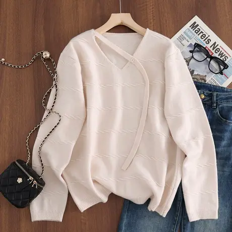 23103新款韩版宽松纯色长袖系带V领针织衫打底毛衣女百搭上衣图片
