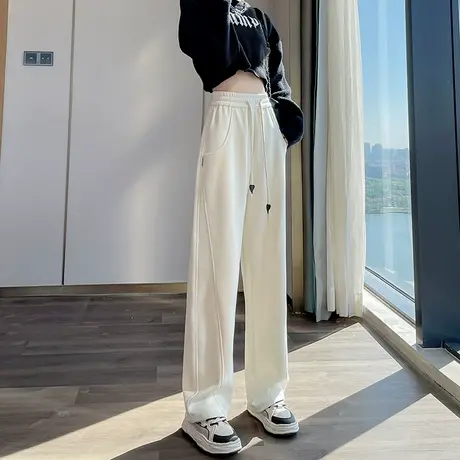 白色窄版香蕉裤女春秋2023新款垂感直筒运动卫裤抽绳松紧腰阔腿裤商品大图