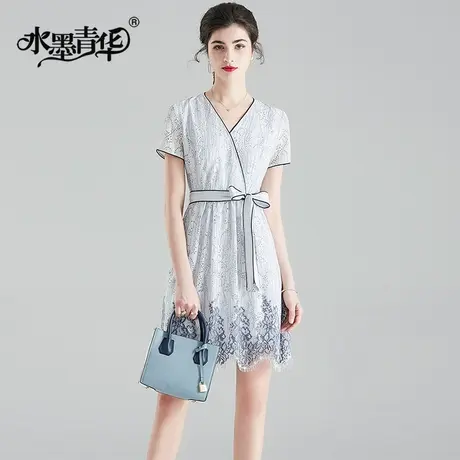 【1件7.9折】夏装新品时尚通勤OL大摆系带修身V领短袖蕾丝连衣裙图片