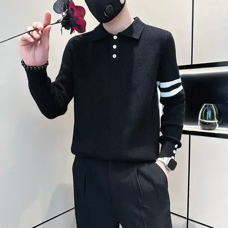 2023年秋冬韩版休闲POLO衫翻领毛衣男条纹小众简约内搭针织衫体恤商品大图